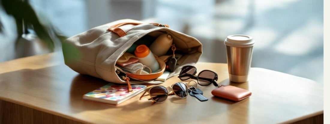 Open beige tote bag on a wooden table with everyday essentials spilling out, including sunglasses, keys, a reusable coffee cup, a wallet, and a notebook.