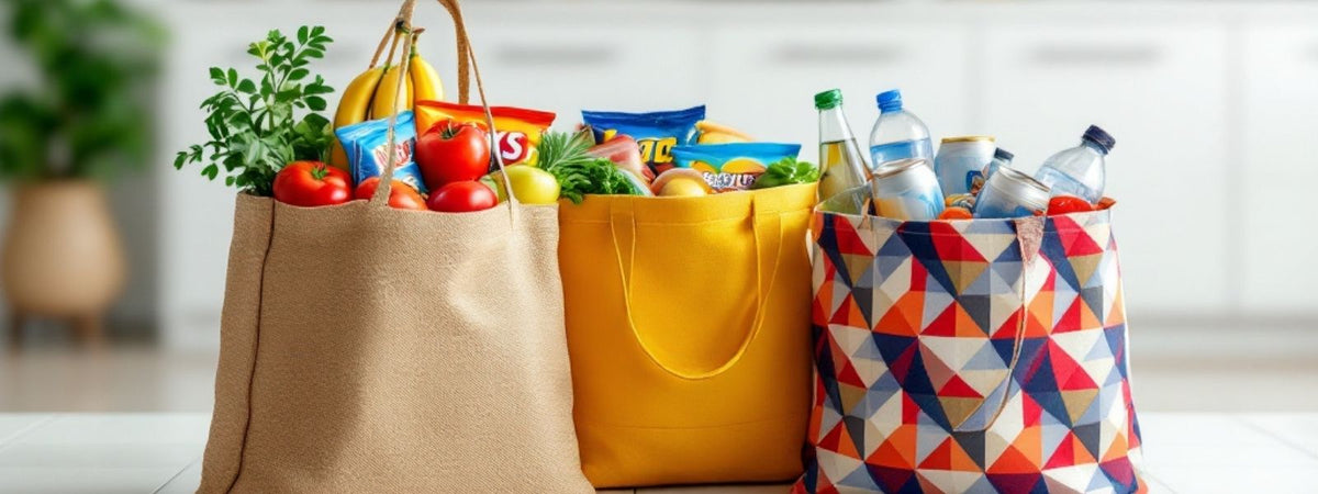 Reusable tote bags filled with groceries and drinks on a kitchen counter.