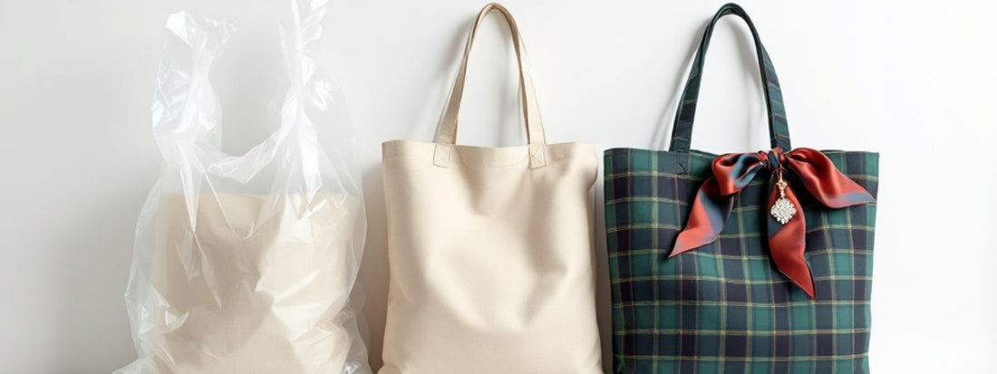 Three bags displayed side by side: a plastic bag, a plain beige tote bag, and a green checkered tote bag with a red scarf tied to the handle.