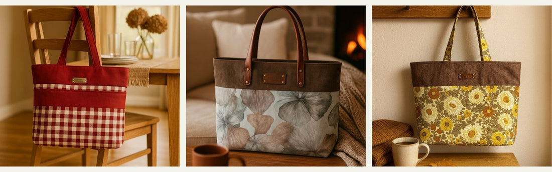 Collage of unique handmade tote bags, featuring a red gingham fabric tote bag, a floral design tote bag with leather handles, and a retro daisy print tote bag styled in cosy home settings.