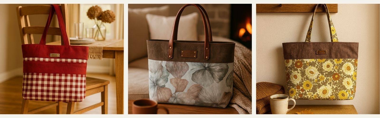 Collage of unique handmade tote bags, featuring a red gingham fabric tote bag, a floral design tote bag with leather handles, and a retro daisy print tote bag styled in cosy home settings.