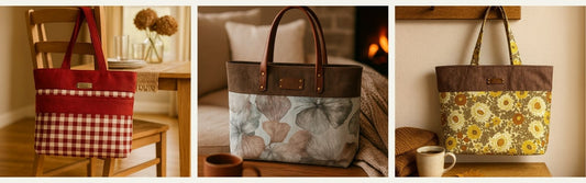 Collage of unique handmade tote bags, featuring a red gingham fabric tote bag, a floral design tote bag with leather handles, and a retro daisy print tote bag styled in cosy home settings.