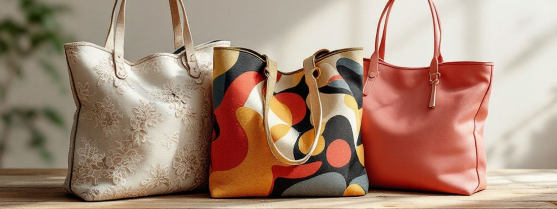Three handmade tote bags displayed side by side on a wooden surface, featuring ivory floral embroidery, a bold retro print in orange and black, and a solid coral pink design, all under natural light.