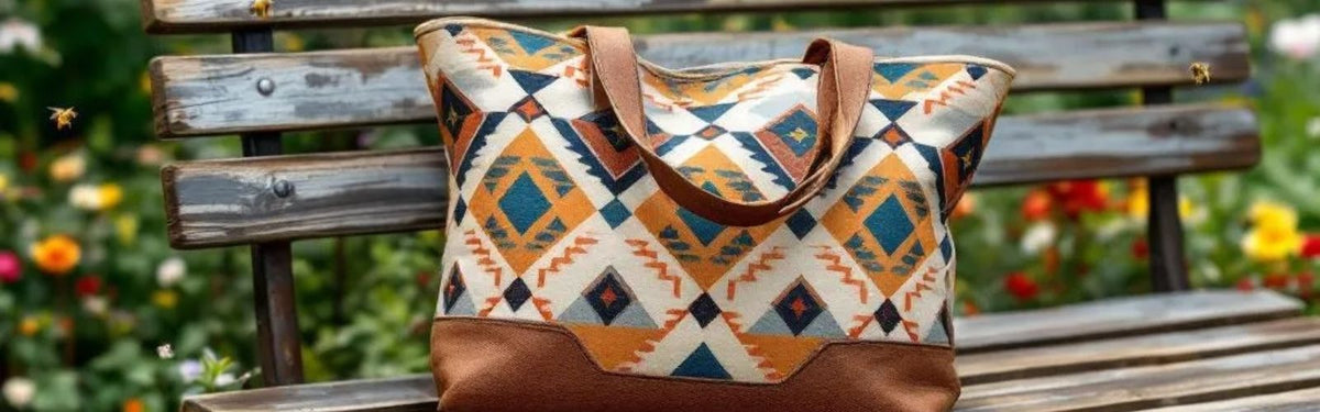Aztec-style geometric tote bag with tan handles and base, placed on a weathered wooden bench in a colourful flower garden, with bees hovering nearby.
