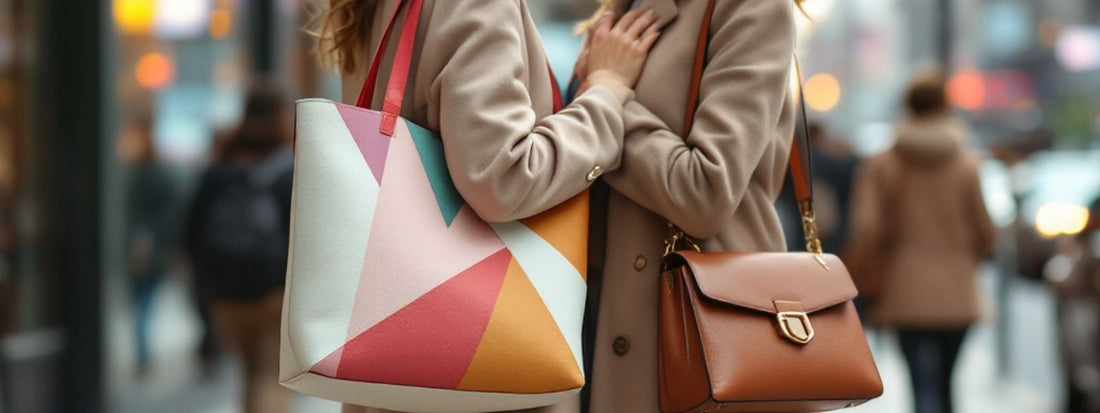 Two people holding a colorful tote bag and a classic shoulder bag, showing the contrast between the two bag styles in a city setting.