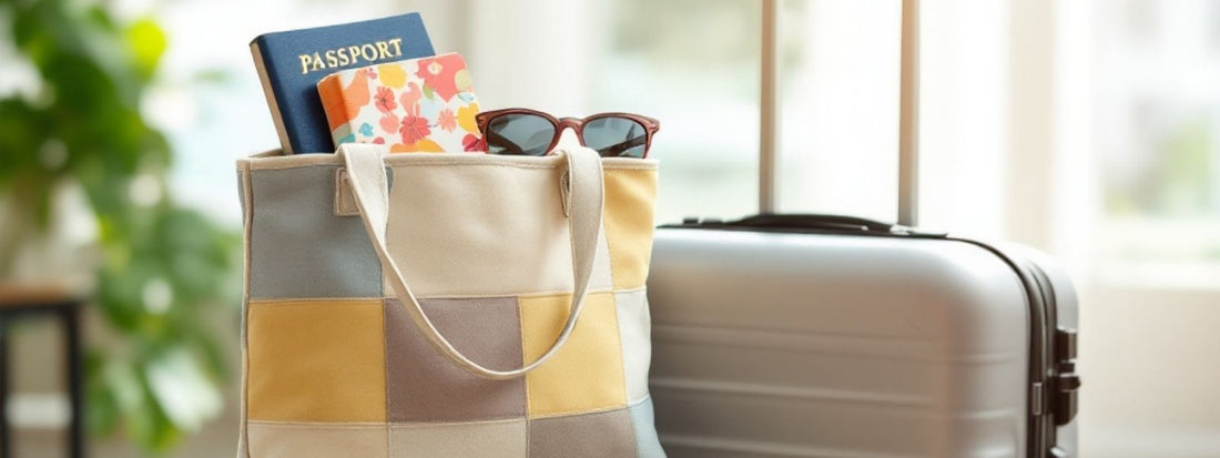 Tote bag with passport, sunglasses, and notebook next to a silver suitcase