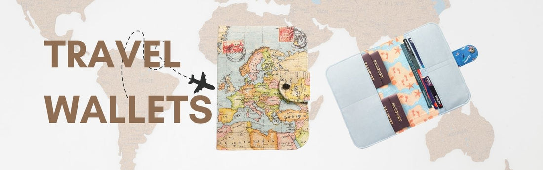 Travel wallets banner showing vintage world map passport organiser closed and open with passports and cards, set against a world map background with “Travel Wallets” text and airplane graphic.