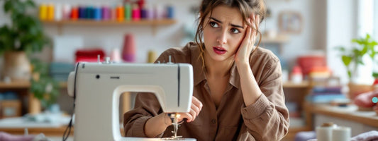 A frustrated woman sitting at a sewing machine, looking overwhelmed while troubleshooting a sewing issue. The background features colorful thread spools and sewing supplies in a bright, creative workspace.