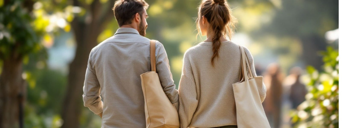 Man and woman walking side by side outdoors, each carrying a neutral-coloured unisex tote bag.
