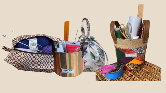 Collection of handmade fabric baskets, drawstring bag and expandable zip up knitting or shoe bag