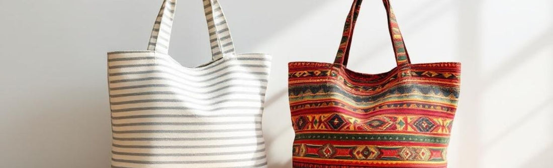 Two handmade tote bags from Watership Down Crafts in natural light—one with grey and white stripes, the other in rich, patterned red fabric. Stylish, sustainable alternatives to mass-produced designs like White Company totes.