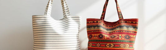 Two handmade tote bags from Watership Down Crafts in natural light—one with grey and white stripes, the other in rich, patterned red fabric. Stylish, sustainable alternatives to mass-produced designs like White Company totes.