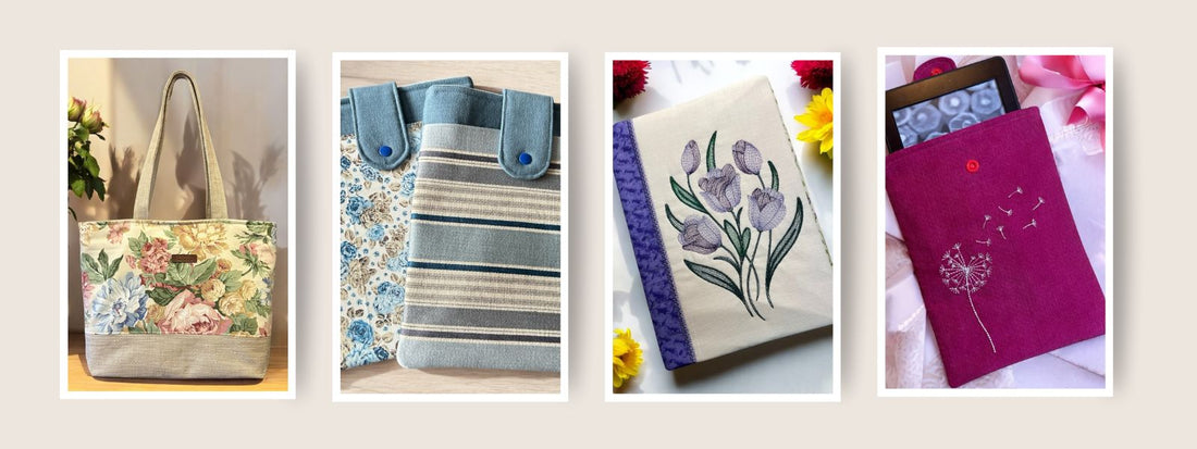 Handmade gift ideas from Watership Down Crafts, including fabric tote bags, embroidered tablet covers, and personalised notebook covers.
