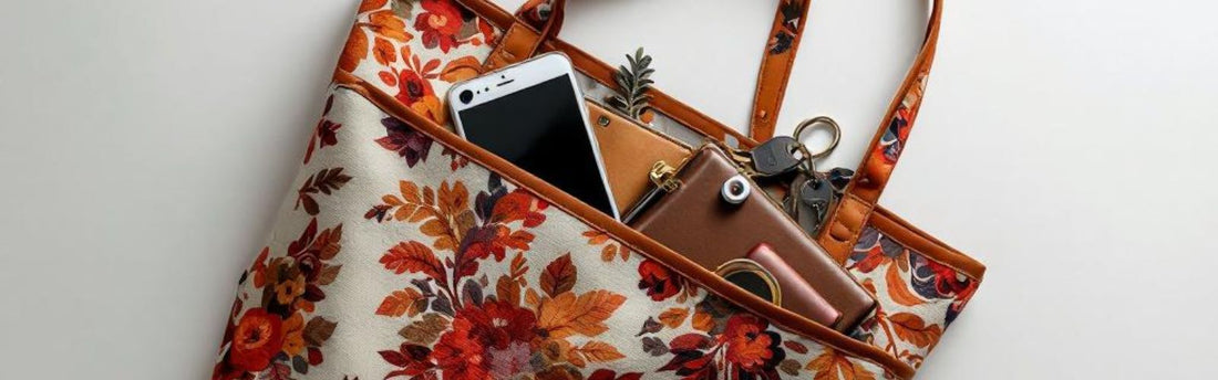 Floral tote bag by Watership Down Crafts with everyday essentials like phone, wallet, and keys visible in the open pocket — showcasing practical UK-made design.