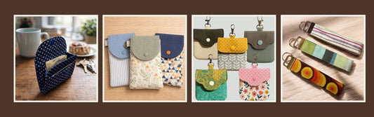 A collection of handmade fabric accessories including a card wallet, phone sleeves, small pouches with clips, and wristlet key straps, shown across four styled images in coordinating cotton prints and colours.