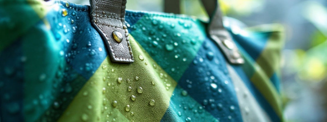 Close-up of a colourful waterproofed tote bag with water droplets on the surface, showing effective water resistance.