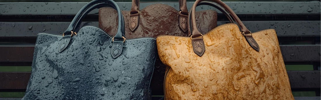 Three tote bags in blue, brown, and mustard yellow sitting on a wet bench, covered in raindrops.