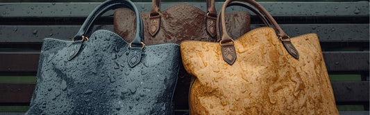 Three tote bags in blue, brown, and mustard yellow sitting on a wet bench, covered in raindrops.