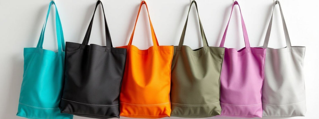 Row of six colourful tote bags in turquoise, black, orange, olive green, pink, and grey displayed against a white background