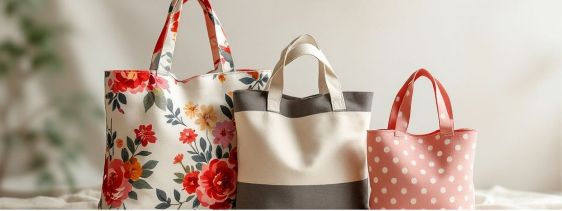 Three tote bags in different sizes and designs, showcasing floral, neutral, and polka dot patterns