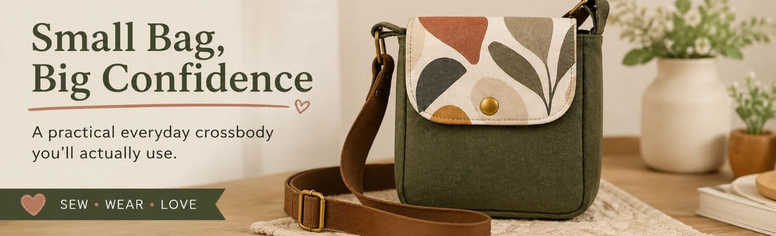Willow crossbody bag blog header featuring a compact patterned crossbody bag with the text “Small Bag, Big Confidence” in a warm neutral lifestyle setting.