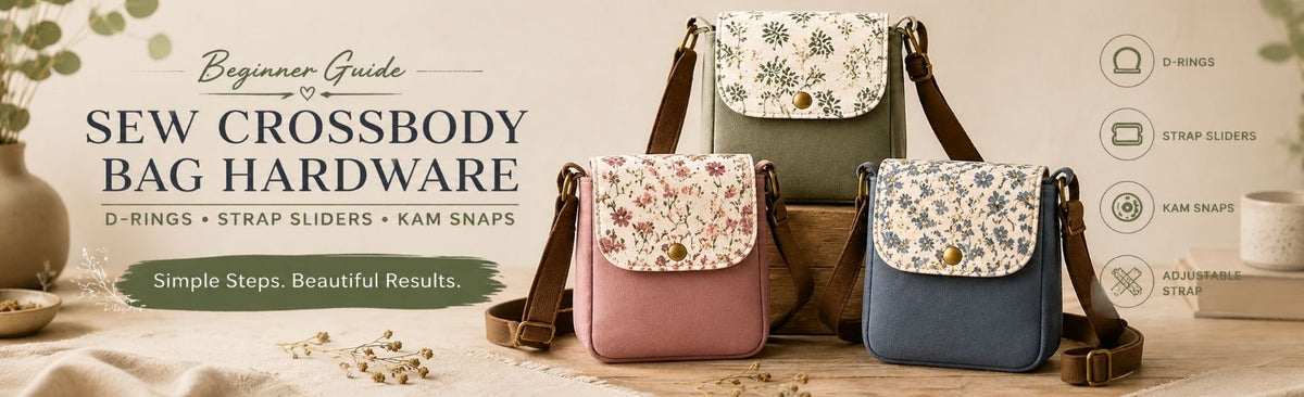 Blog header image showing three handmade crossbody bags with floral flaps, strap hardware labels and beginner guide text for sewing crossbody bag hardware.