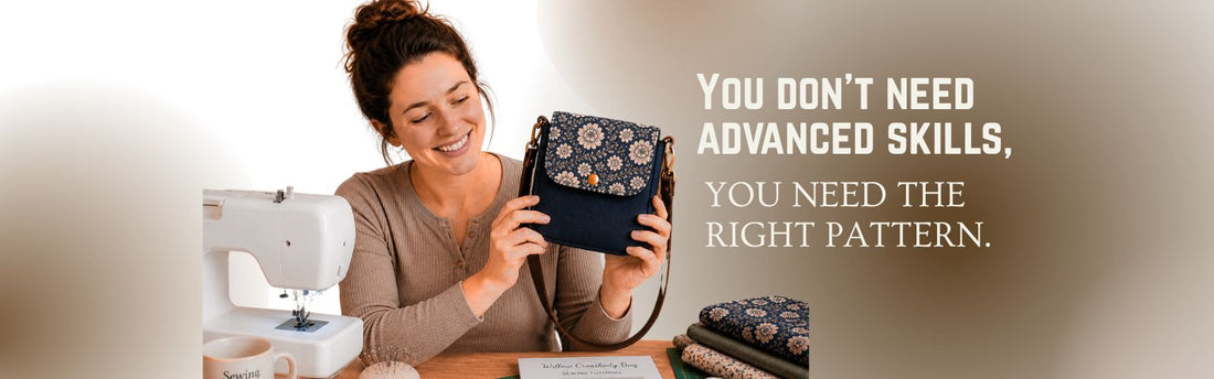 Smiling woman proudly holding a finished navy floral crossbody bag at her sewing table, with text overlay reading “You don’t need advanced skills, you need the right pattern.”