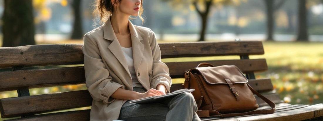 A woman in a beige coat sits on a wooden park bench in autumn, holding a notebook on her lap. A brown messenger bag with a flap and buckle strap rests beside her, suggesting a calm, thoughtful moment outdoors.