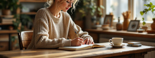 Woman sitting at a desk writing in a notebook