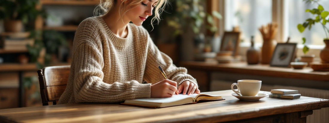 Woman sitting at a desk writing in a notebook