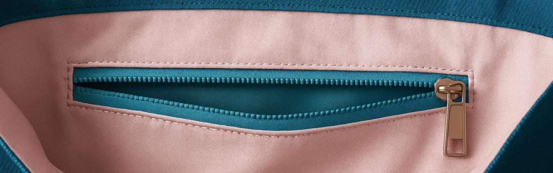 Close-up of a tote bag lining in soft pink fabric with a neatly sewn teal hidden zip pocket and gold zip pull, showing precise stitching and a clean, professional finish.