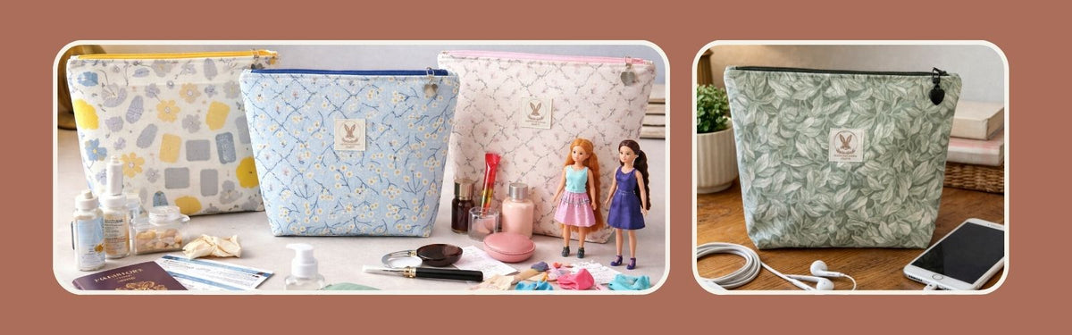Landscape lifestyle image showing multiple fabric zip-up pouches styled with travel items, toys, toiletries and tech accessories, demonstrating versatile everyday uses as tote bag organisers, travel pouches and reusable storage.