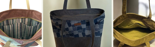 Three handmade tote bags shown from the top view, highlighting internal zip closures and neatly stitched fabric linings with built-in slip pockets in striped, plain, and patterned designs.