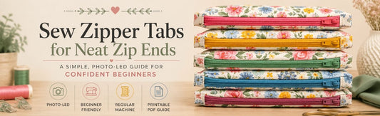 Photo-led zipper tab tutorial banner featuring a stack of floral zip pouches with colourful zipper tabs and beginner sewing guide information.
