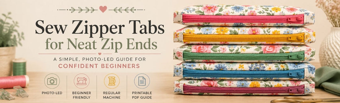 Photo-led zipper tab tutorial banner featuring a stack of floral zip pouches with colourful zipper tabs and beginner sewing guide information.