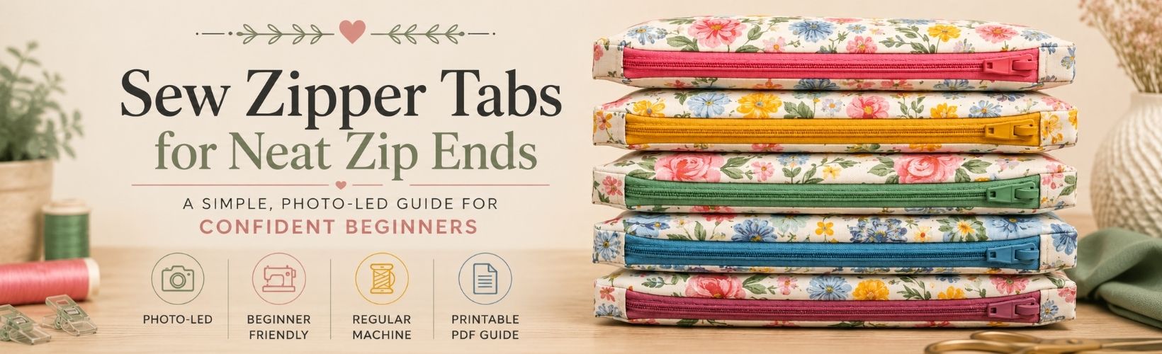 Photo-led zipper tab tutorial banner featuring a stack of floral zip pouches with colourful zipper tabs and beginner sewing guide information.