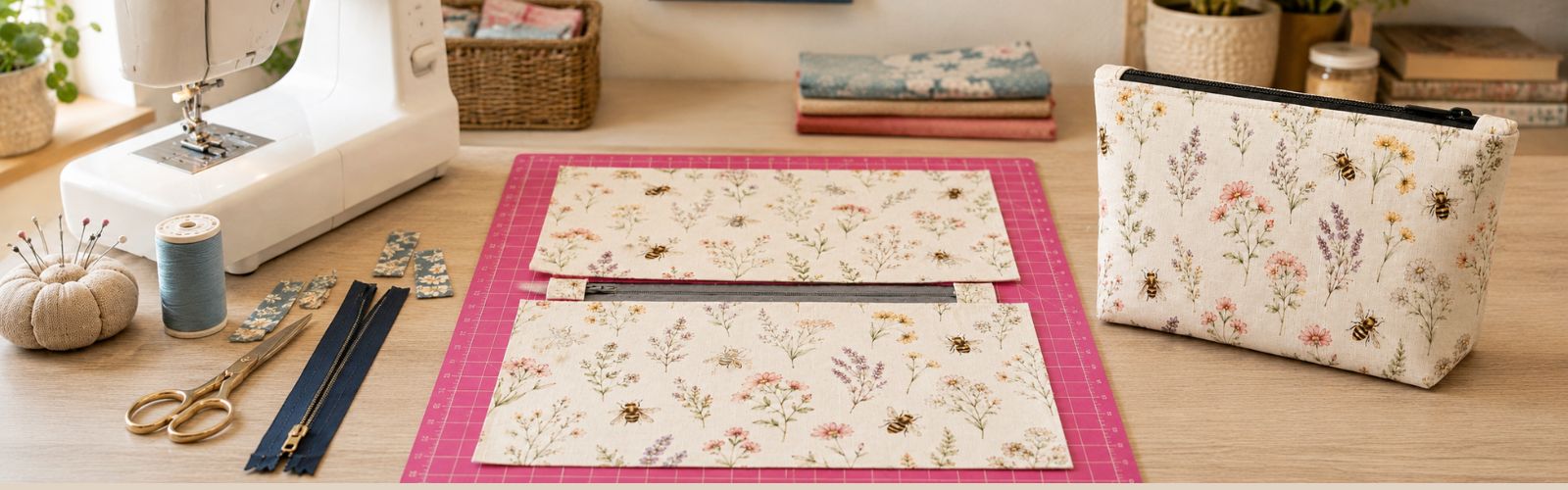 Wide blog header showing a sewing machine, zipper tabs in progress on a pink cutting mat, and a finished floral bee-print zipper pouch.