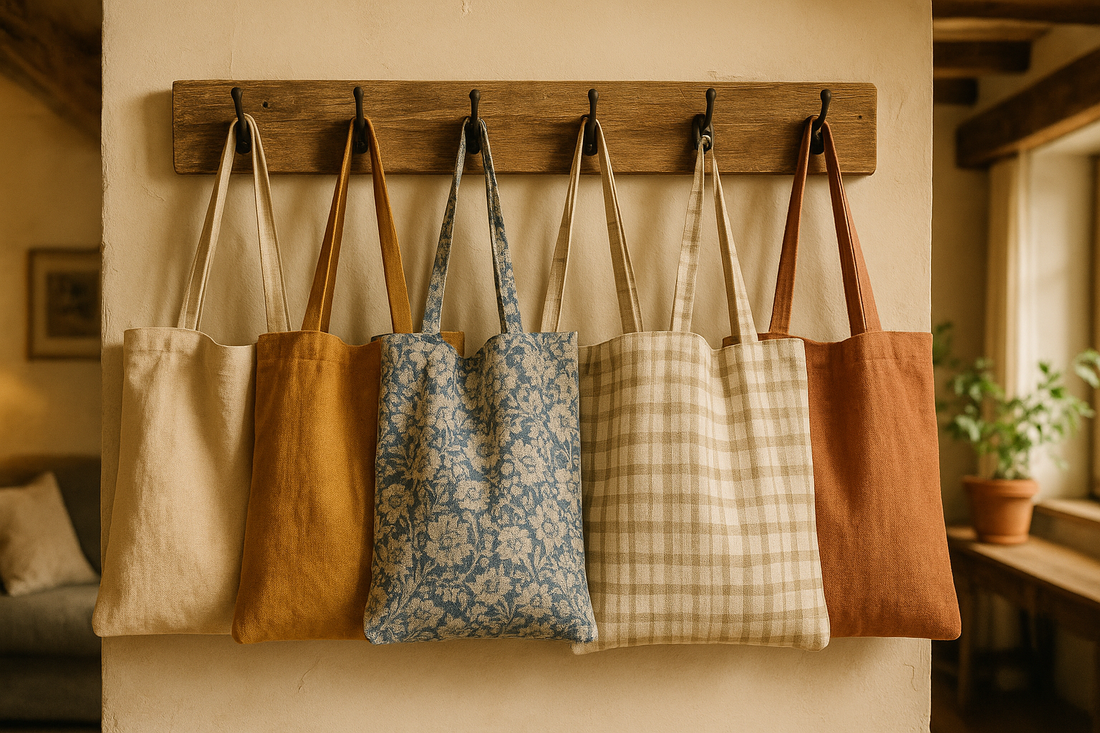 Row of handmade tote bags in natural fabrics, including plain, floral, and checked designs, displayed on rustic wooden hooks in a cosy UK home setting.