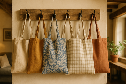 Row of handmade tote bags in natural fabrics, including plain, floral, and checked designs, displayed on rustic wooden hooks in a cosy UK home setting.