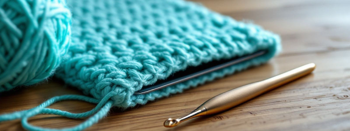 Close-up of a turquoise crocheted tablet sleeve in progress, with a metal crochet hook and yarn ball on a wooden table.