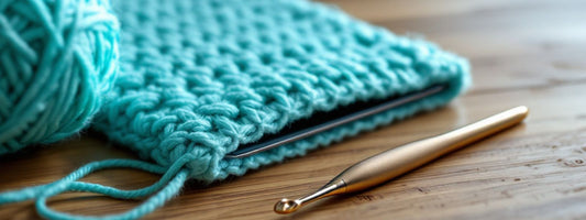 Close-up of a turquoise crocheted tablet sleeve in progress, with a metal crochet hook and yarn ball on a wooden table.