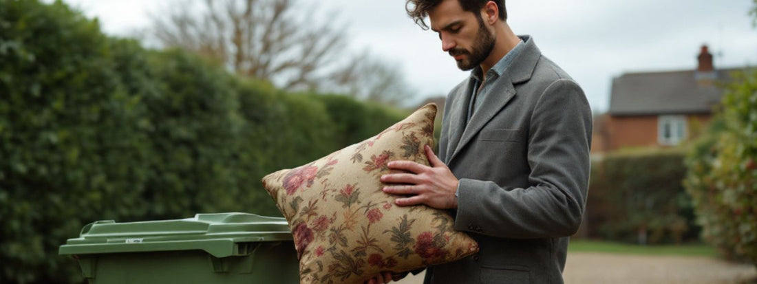 Man holding a floral cushion beside a green wheelie bin in a suburban British street, appearing uncertain about whether it can be recycled.