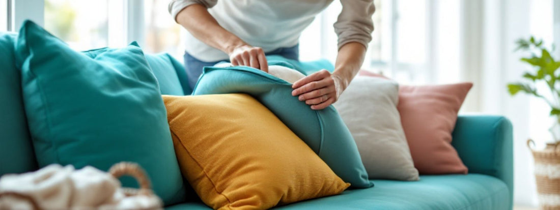 Person removing a bright blue cushion cover from a sofa with colourful cushions in yellow, pink, and white. Clean, cheerful living room with natural light in the background.