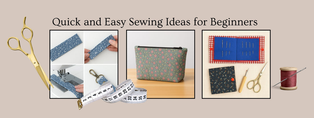 Beginner sewing projects: wristlet strap, zipper pouch, and needle case with sewing tools.
