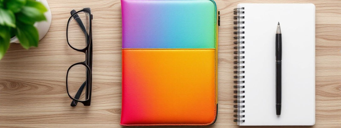 Flat lay of a rainbow-gradient tablet sleeve with notebook, pen, and glasses on a wooden desk – practical setup for everyday tablet users.