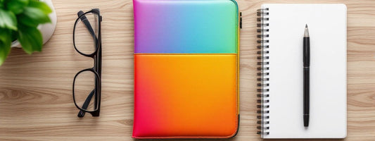 Flat lay of a rainbow-gradient tablet sleeve with notebook, pen, and glasses on a wooden desk – practical setup for everyday tablet users.