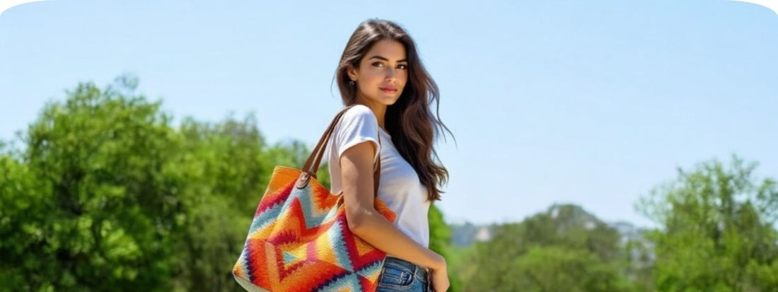 Woman outdoors carrying a colourful geometric-patterned tote bag over her shoulder on a sunny day
