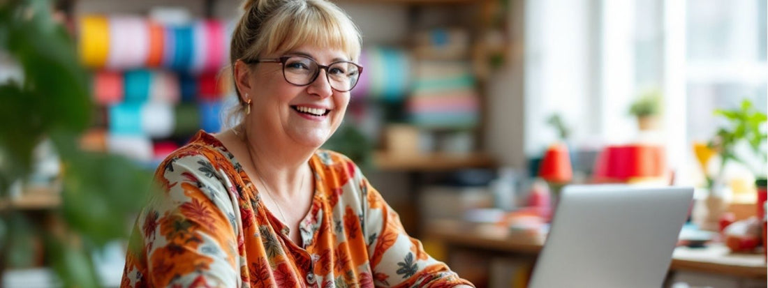 A woman with glasses smiling while working on a laptop in a craft studio, surrounded by colourful fabric rolls and plants.