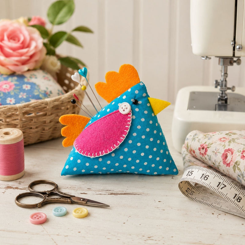 Turquoise Dot Chicken Pincushion on a sewing table