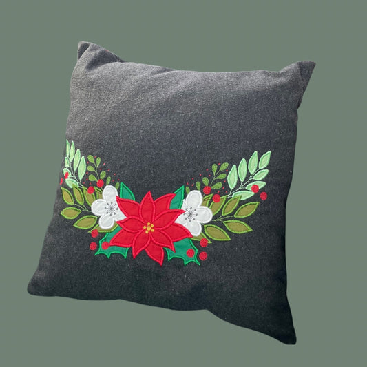 Christmas cushion with appliqued flowers and leaves handmade
